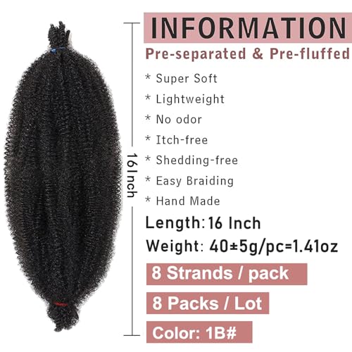 16 Inch Pre-Separated Springy Afro Twist Hair 8 Packs Spring Twist Hair For Distressed Soft Locs Natural Black Marley Twist Crochet Braiding Hair Synthetic Hair Extensions (8 Strands/Pack,1B#)