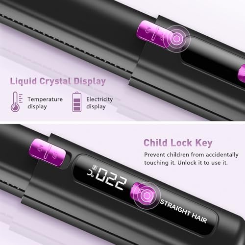 Hair Straightener,Cordless Rechargeable Flat Iron (LCD),Cordless Hair Straightener 4500mAh,Portable Travel Straightener and Curler 2 in 1,Mini Ceramic Curling Iron,USB Rechargeable Hot Tools