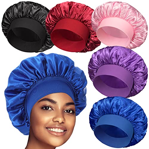 5 Pack Satin Bonnet Silk Bonnet for Sleeping Women, Hair Sleep Bonnets for Women, Wide Soft Band Large Sleep Cap for Curly Hair Braids