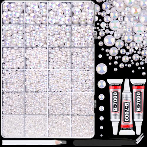 11000Pcs Flatback Pearls for Crafting (White AB), Assorted Size 2/3/4/5/6/8/10mm Half Pearl with 3Pcs 10ml B7000 Jewelry Glue, Bedazzling Bead for DIY Crafts Clothing Tumblers Shoes Nail Art
