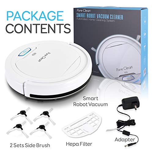 Pure Clean Robot Vacuum Cleaner - Upgraded Lithium Battery 90 Min Run Time - Automatic Bot Self Detects Stairs Pet Hair Allergies Friendly Robotic Home Cleaning for Carpet Hardwood Floor