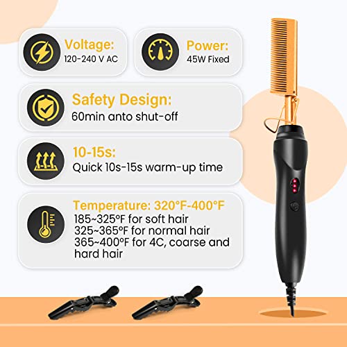 Hot Comb Set 7Pcs, Electric Hair Straightener Pressing Comb for Black Hair, Hot Comb Set with Wig Wax Stick, Lace Band, Rat Tail Comb ＆Salon Clips