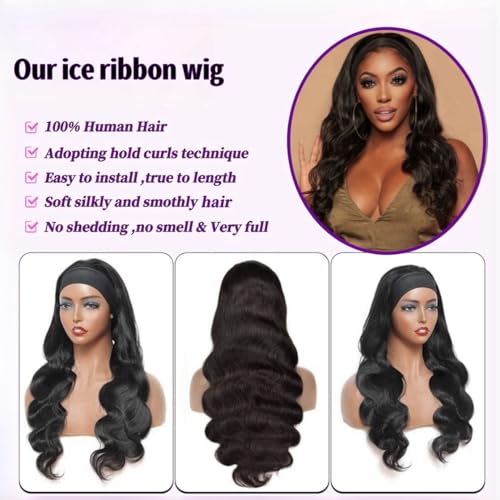 Headband Wigs for Black Women Human Hair Body Wave Head Band Wig 100% Brazilian Raw Human Hair Wear and Go Glueless Half Wigs 150% Density Machine Made Natural Color