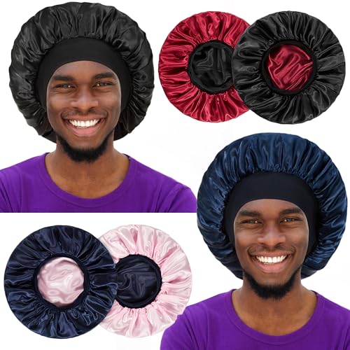 2pcs Bonnet for Men, Bonnets for Women, Satin Silk Hair Bonnet for Sleeping, Reversible Double Layer Wide Band Sleep Cap for Curly Hair Braids
