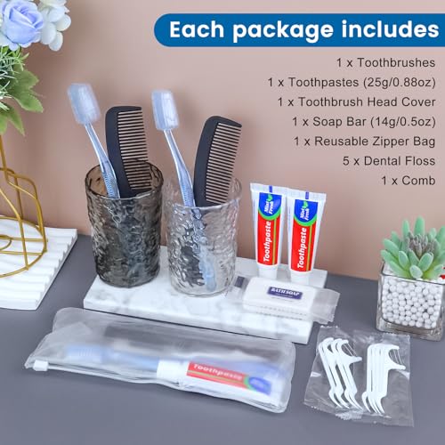 100 Sets Personal Hygiene Kit Basic Toiletry Kits Homeless Supplies Bulk for Women,Men,Travel,Charity,Business Include 100 Toothbrush,100 Toothpaste,100 Comb,100 Bath Soap,500 Floss Pick