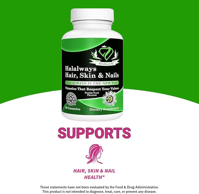 Halalways Hair, Skin & Nails Gummy Certified Halal Supplement Optimal Solutions Hair, Skin and Nails Gummies with Biotin 6000 mcg, Folate,Passion Flavored