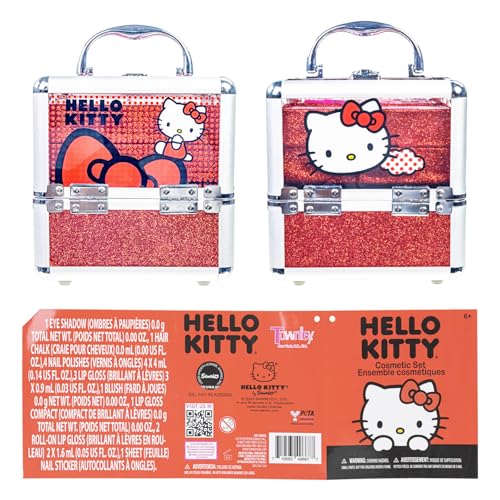 Hello Kitty - Townley Girl Train Case Cosmetic Makeup Set Includes Lip Gloss, Eye Shimmer, Nail Polish, Hair Accessories & More! For Girls, Ages 6+ Perfect for Parties & Makeovers