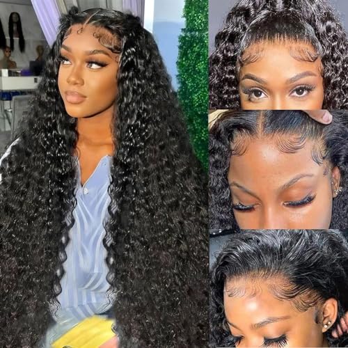 28 Inch 13x6 Deep Wave Lace Front Wigs Human Hair Pre Plucked 200% Density 13x6 HD Transparent Lace Frontal Curly Wig Human Hair Glueless Deep Curly Wigs for Women Natural Black