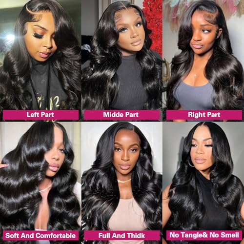 30 Inch Body Wave 13x6 HD Lace Front Wigs Human Hair 200 Density 12A 100% Virgin Frontal Wigs Human Hair 13x6 Body Wave Glueless Wig for Women Pre Plucked Bleached Knots with Baby Hair Natural Black
