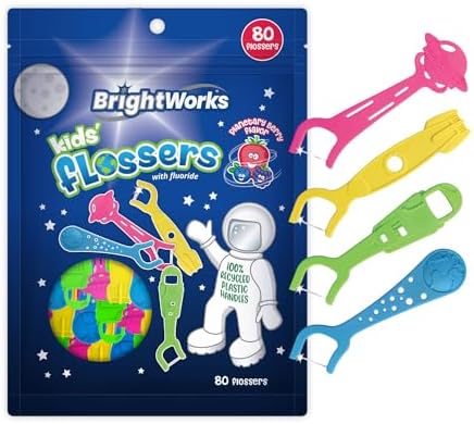 BrightWorks Kids Fun Space Flossers, Mixed Berry Flavor Fluoride [240 Floss Picks Total] Colorful Space Shapes: Astronaut, Rocketship, UFO, Earth. 100% Recycled Plastic Material. 80 Count (Pack of 3)