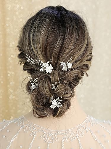Handmade Pearl Bridal Wedding Hair Pins 6Pcs White Flower Gold Leaf Pearls Clips Bridal Hair Accessories for Women Brides Bridesmaid