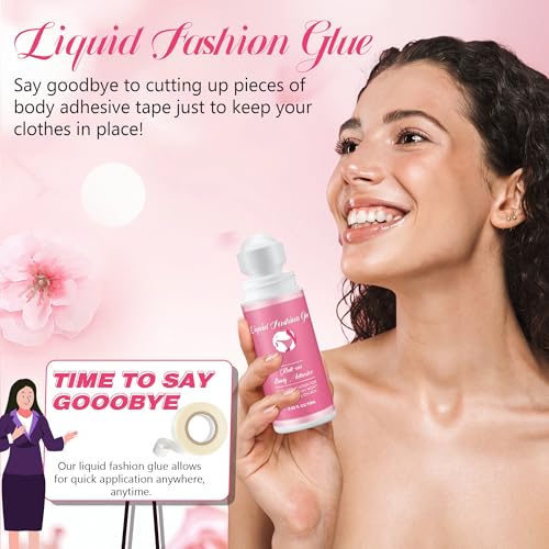 1 Pcs Roll on Body Adhesive for Dancers, 2.53oz Clear & Non Toxic Liquid Fashion Glue for Oily and Dry Skin, Sweat Resistant Body Adhesive for Compression Stocking, Wig Glue, Residue Free