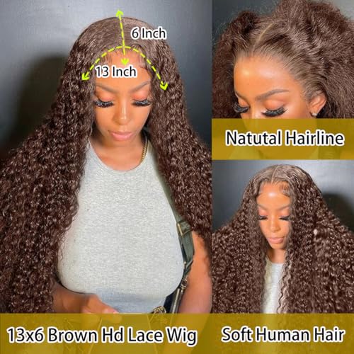 30 Inch Chocolate Brown Deep Wave Lace Front Wigs Human Hair 220 Density 13x6 HD Lace Frontal Wig Curly Human Hair Pre Plucked Wig for Women Brown Glueless with Natural Hairline