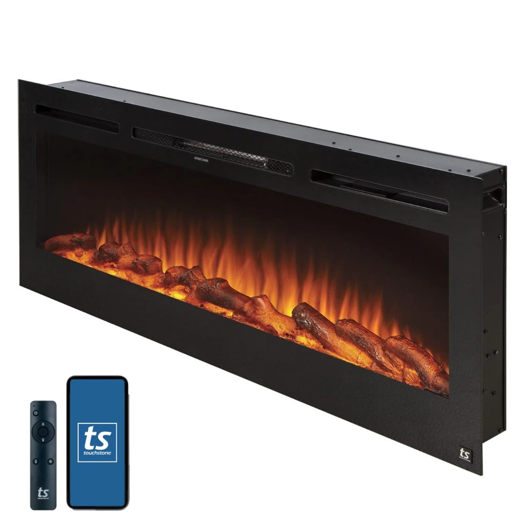 Touchstone Smart Electric Fireplace-The Sideline 50" Wide-in Wall Recessed - 30 Realistic Ember Color/Flame Options - 1,500W Heater w/Thermostat - Log & Crystal Hearth Options - Alexa/WiFi Enabled