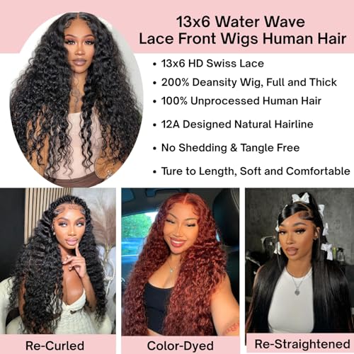 32 Inch Water Wave Lace Front Wigs Human Hair 13x6 Deep Part Curly Wig for Women 200 Density Water Wave Frontal Wigs Human Hair Pre Plucked