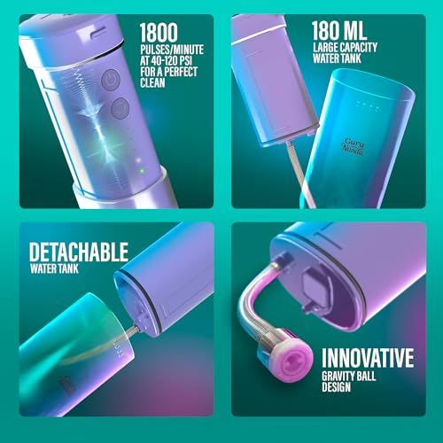 GuruNanda Compact Water Dental Flosser, Portable Travel Size Oral Irrigator Flosser with Collapsible 180 ml Tank, Smart Timer, 4 Flossing Modes, TSA-Approved - Lavender
