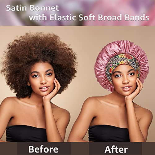 4 Pack Satin Bonnet Silk Bonnet for Sleeping Women, Hair Sleep Bonnets for Women, Wide Soft Band Sleep Cap for Curly Hair Braids