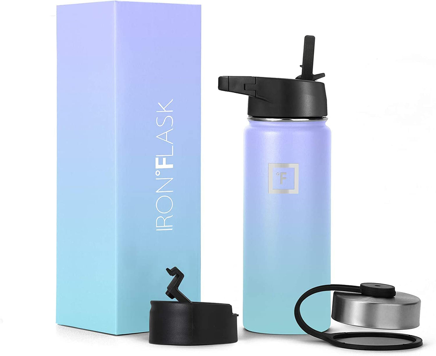 IRON °FLASK Camping & Hiking Hydration Flask, Wide Mouth, 3 Straw Lids, Stainless Steel Outdoor Water Bottle, Double Walled, Insulated Thermos, Metal Canteen - Cotton Candy, 18 Oz