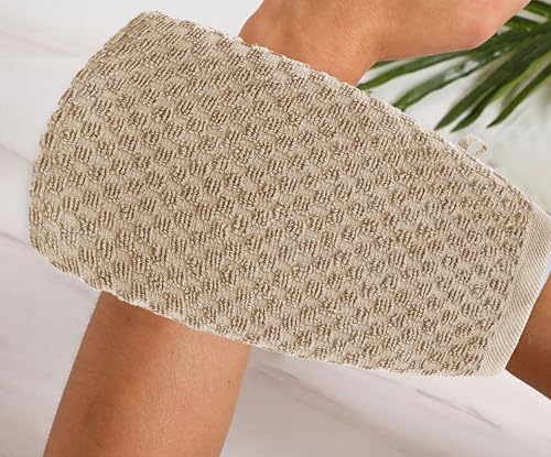 COTTON CRAFT Bath Mitt - Exfoliating Glove - Set of 6 Euro Spa Waffle Weave Towel Mitts - 100% Cotton Body Shower Glove Washcloth with Hanging Loop - Sensitive Skin Friendly - Large 5.5x10 -Linen