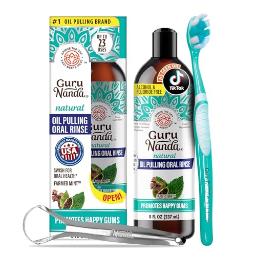 GuruNanda CocoMint Oil Pulling Mouthwash for Complete Oral Hygiene, 7 Essential Oils & Vitamins for Happy Teeth & Gums & Fresh Breath , Alcohol-Free, 8 oz