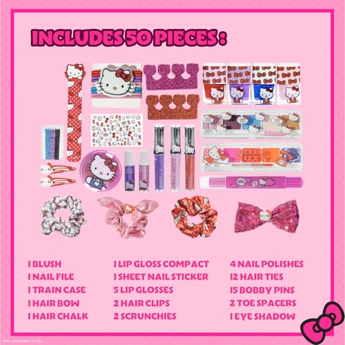 Hello Kitty - Townley Girl Train Case Cosmetic Makeup Set Includes Lip Gloss, Eye Shimmer, Nail Polish, Hair Accessories & More! For Girls, Ages 6+ Perfect for Parties & Makeovers