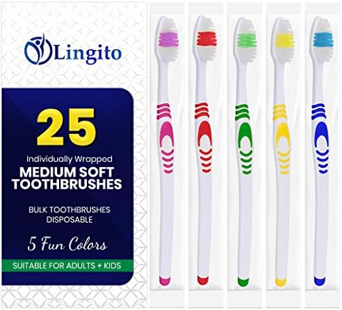 25 Bulk Toothbrushes | Individually Wrapped | Manual Disposable Travel Toothbrush Set for Adults or Kids | Made with a Medium-Soft Large Head | Multi-Color | Travel Toiletry Oral Set