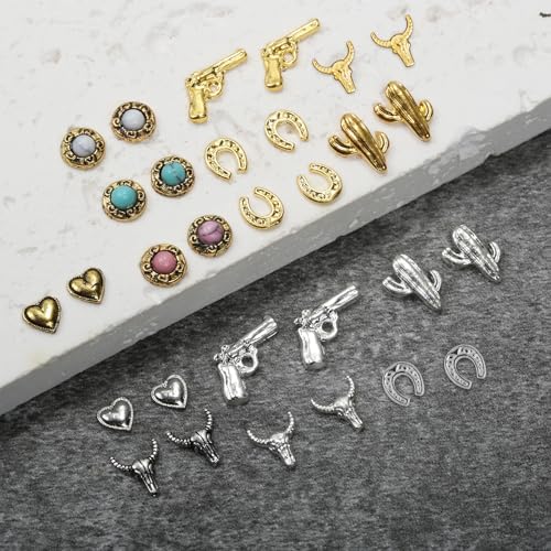 30 PCS Western Nail Charms - 3D Vintage Cowboy Cowgirl Nail Charms, Turquoise, Gold, Silver, Pink, Blue Retro Metal Gem Western Art Stickers Accessories for DIY
