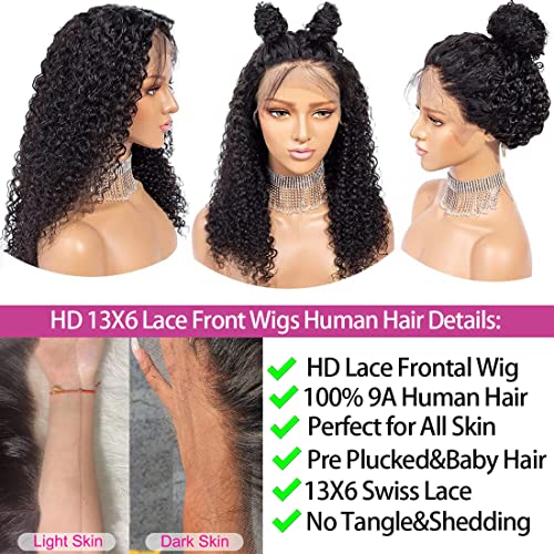 13x6 Deep Wave Lace Front Wigs Human Hair Wigs HD Transparent Deep Curly Lace Frontal Glueless Wigs Human Hair Lace Front Wigs Pre Plucked 200% Density Natural Black 24 Inch