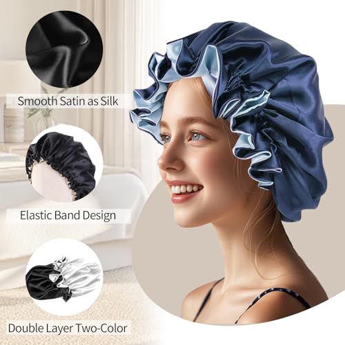 2Pcs Silk Bonnet for Sleeping Women - Reversible Double Layer Satin Bonnet with Adjustable Elastic Band, Night Hair Protection for Curly, Natural & Long Hair Black Pink Black Pink