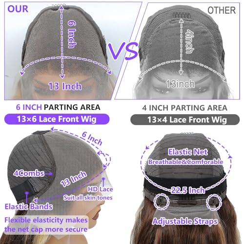 Honey Blonde Ombre Lace Front Wig Human Hair Highlight Body Wave 13X6 Lace Front Wigs Human Hair Pre Plucked HD Frontal 180 Density Glueless 4/27 Highlighted Human Hair Wig 26 Inch