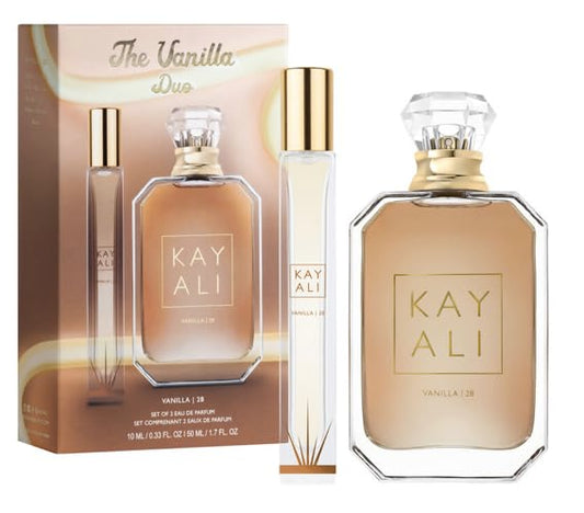 Huda Kayali Beauty The Vanilla Duo Limited Edition Gift Set: Vanilla | 28 Eau De Parfum Full Size (1.7 fl oz / 50 ml) and Travel Size Spray (0.33 fl oz / 10 ml)