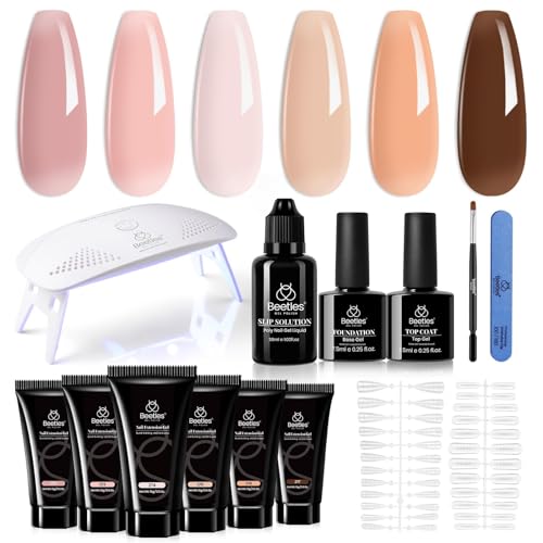 beetles Poly Nail Extension Gel Kit 6 Colors Poly Gel Nail Kit Nude Pink Brown Poly Nail Gel Kit with Mini Nail Lamp Builder Nail Gel Manicure Starter Set DIY Home
