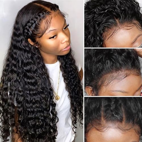 20Inch 13x4 Deep Wave Wet and Wavy Lace Front Wigs Human Hair for Black Women Glueless Brazilian Virgin Wear and Go HD Curly Lace Frontal Wig Pre Plucked with Baby Hair