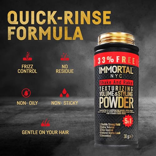 Immortal NYC 5-in-1 Shake and Rake Volume & Styling Powder - Flex Strong Hold - Mattifying All Natural, Unscented Hair Powder for Men - No Residue, All Hair Types