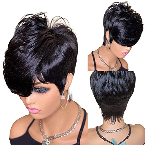 RICONEY Short Bob Wig Human Hair Pixie Cut Wig for Black Women None Lace Front Wig with Bangs Layered Wavy Full Machine Made Wig 1B Color (8 Inch 130% Density)