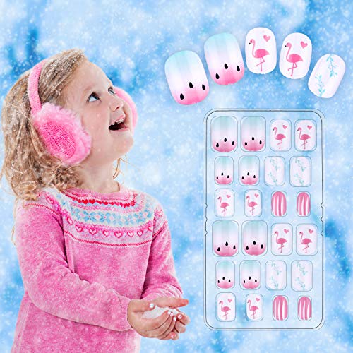 240 Pieces False Nails Kids Press on Short Artificial Fake Nails Cute Pre Glue Full Cover Acrylic Nail Tip Kit for Children Little Girls Nail Decoration, 10 Boxes (Pink Flower)
