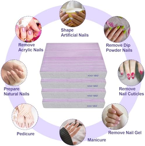 100/180 Grit Nail File (100 Pack), Emery Board Nail Files for Acrylic Nails and Natural Nails, Double Sided Emory Boards Professional Nail Filer Reusable Washable Manicure Square Gray