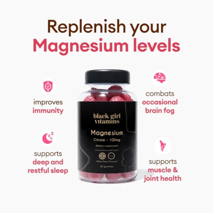 Black Girl Vitamins - Magnesium Gummies, for Sleep, Immunity, and Bone Support. Magnesium Citrate Supplement with (100mg) per Serving, Gluten-Free (Mixed Berry). 60ct