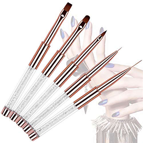 5pc Nail Art Brush Set - Rose Gold Rhinestone Handles with Gel Polish, Liner, Drawing Brushes for Salon & DIY Manicure