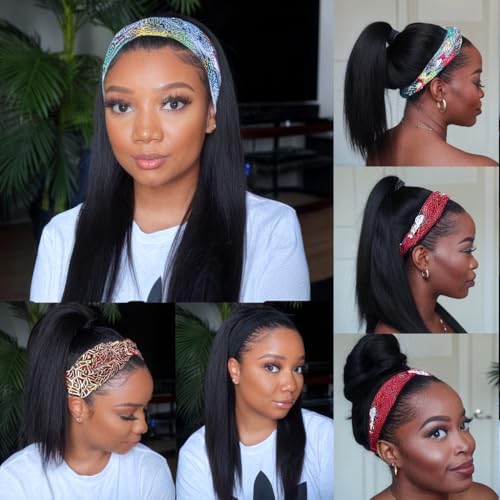 Headband Wig Human Hair Straight 18 Inch Headband Wigs for Black Women Glueless None Lace Front Wig Brazilian Virgin Human Hair Wigs Natural Color 150% Density