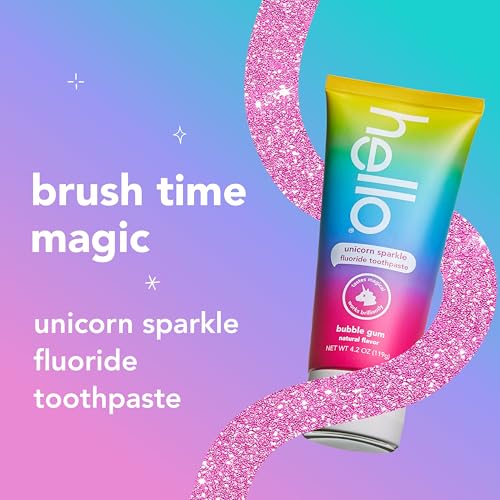 hello Unicorn Sparkle Kids Fluoride Toothpaste, Natural Bubble Gum Flavor, ADA Approved, Ages 2+, No Artificial Sweeteners, No SLS, Gluten Free, Vegan, Pack of 3, 4.2 oz Tubes