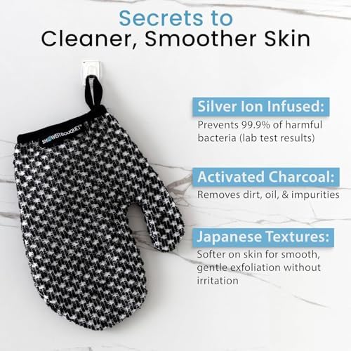 Japanese Exfoliating Mitt 2-Pack - Charcoal & Silver Ion Exfoliating Gloves for Shower - Soft Inner Fabric Gentle Exfoliation & Deep Cleansing Body Scrub Gloves for All Skin Types - 1 White, 1 Blue