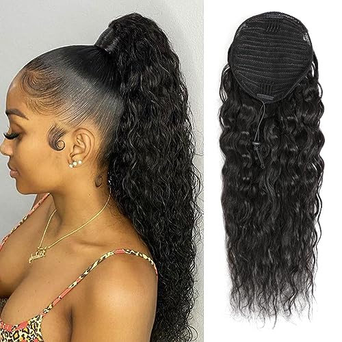 100% Human Hair Drawstring Ponytail Extension Water Wave in Natural Color 1B Corn Wave Ponytail Clip in Extensions for Black Women (14 Inch)