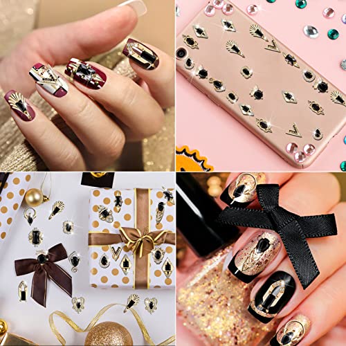 24 Pieces 3D Nail Charms Gold Luxury Black Rhinestones Nail Charms for Acrylic Nails Black Zircon Jewels Crystals Rhinestones with Storage Box for DIY Craft Art