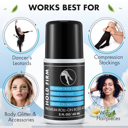 1 Pcs Roll On Body Glue for Dancers with Metal Tip Roller Ball, 2oz Sweat-Resistant Body Adhesive, Clear & Non Toxic Liquid Butt Adhesive for Compression Stockings, Wig Glue, Residue Free