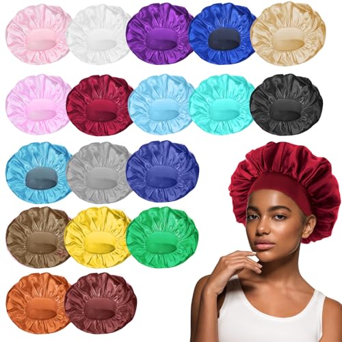 18 Pcs Satin Bonnets for Sleeping, Large Silk Bonnet Wide Band Hair Bonnet Soft Elastic Hair Wrap Cap Silky Shower Cap for Black Women Men Curly Hair