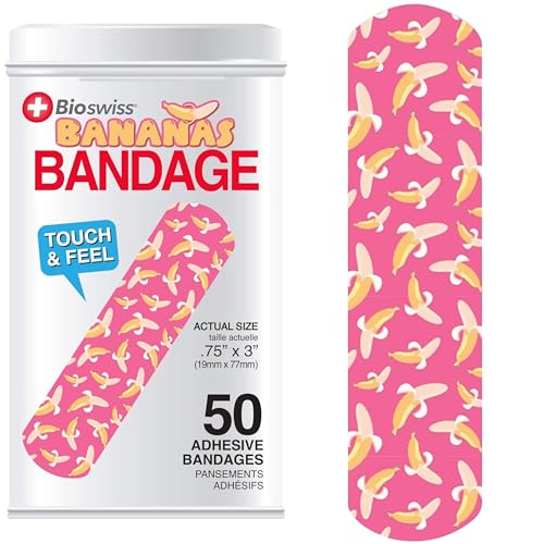 BioSwiss Bandages, Banana Print Self Adhesive Bandage, Latex Free Sterile Wound Care, Standard Shape for Kids and Adults, 50 Count