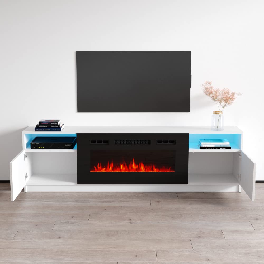 Meble Furniture York 02 TV Stand with Electric Fireplace - Modern High Gloss TV Stand with Storage Cabinets and Led Lights - Media Entertainment Center Console Table for TV Up to 90" - White