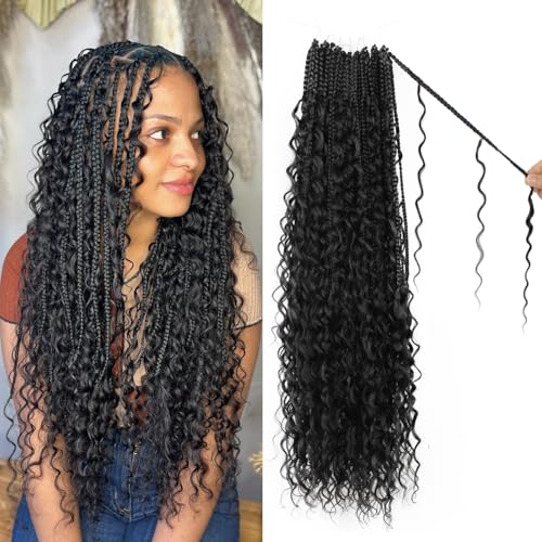 Boho Crochet Braids Pure Protein Fiber Close to Human Hair 18 Inch Goddess Box Braids with Soft Curls Bohemian Braids Crochet Hair for Black Women (18Inch 1B)