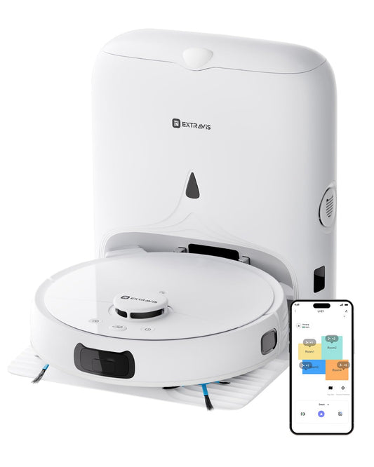 EXTRAVIS V5 Robot Vacuum and Mop, Self-Emptying Robotic Vacuum Cleaner, 8500Pa Suction, Pet Hair Tangle Cutter, Laser Navigation, Cat Laser, Carpet Detection, Ideal for Hard Floor, Tile, and Carpet